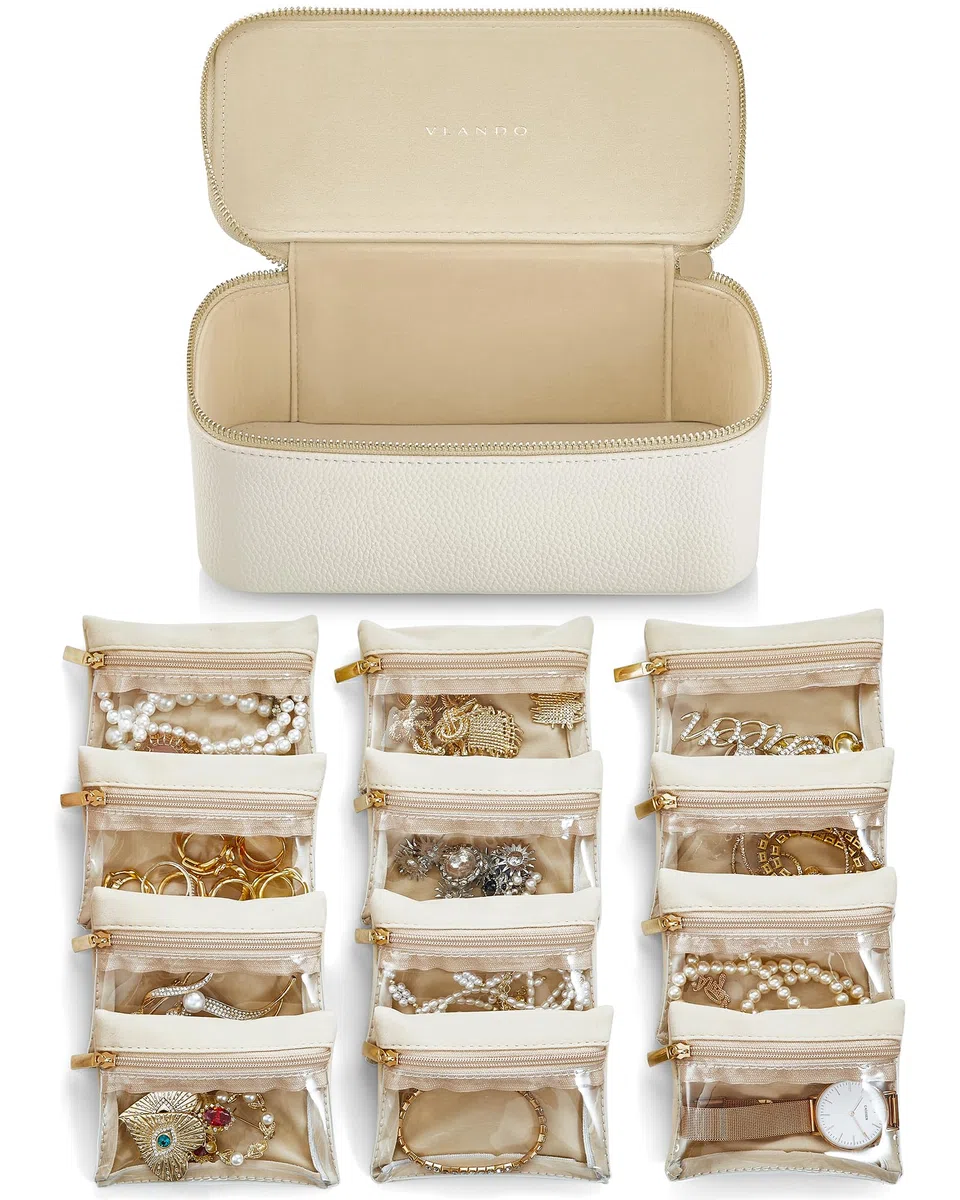 VLANDO Organizador de joyas de viaje de piel sintética con 12 bolsas de terciopelo para joyas, estuche para collares, anillos, regalos para mujer, color blanco-L