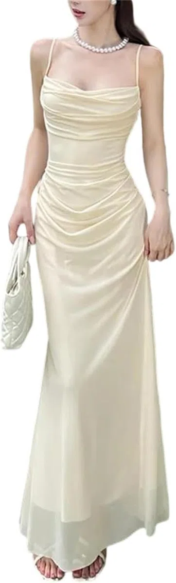 Vestido de Mujer sin Tirantes Malla, Talle Alto Gasa Plisado Largo Informal Vestido de Playa, Albaricoque, S
