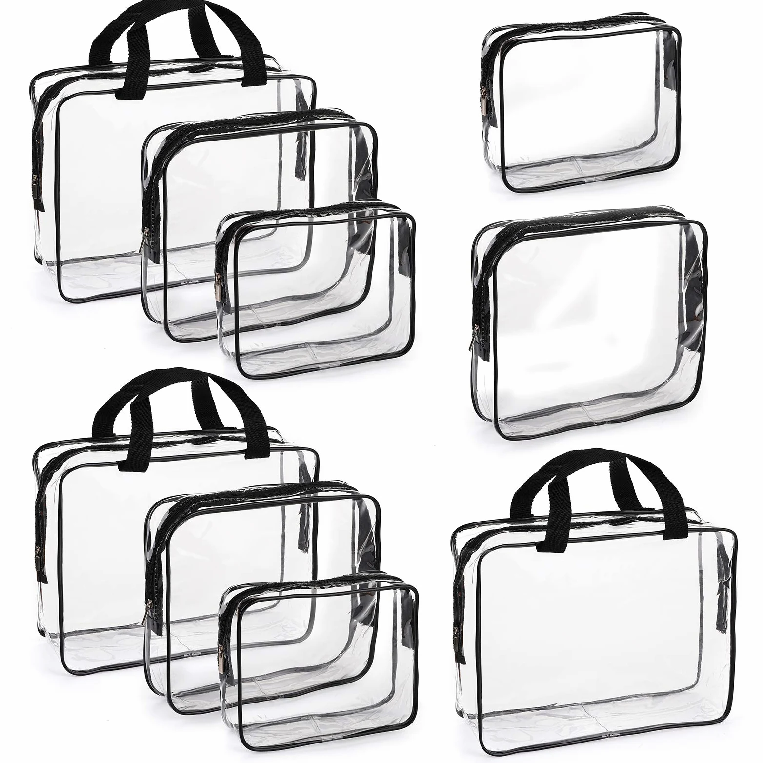 Hedume Juego de 9 Bolsas de Maquillaje Transparentes, aprobadas por la TSA y Transparentes, de PVC Impermeable con asa de Cremallera, Bolsa de Viaje portátil