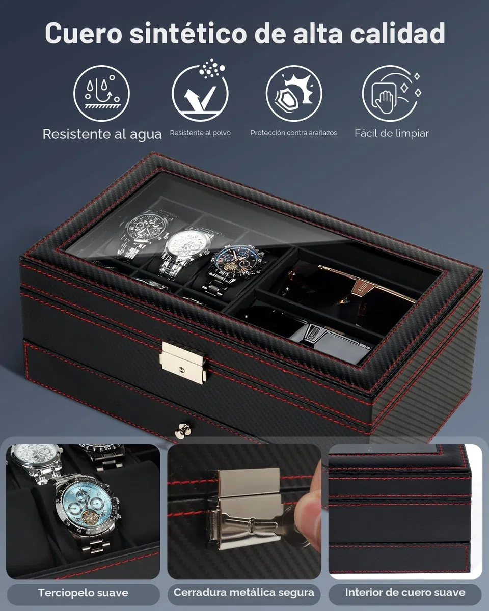 Kukikan Joyero organizador de relojes, caja de reloj y gafas de sol con tapa grande de cristal, 6 ranuras y 2 capas, joyero para hombre con cerradura, soporte para reloj, regalo para hombres y mujeres