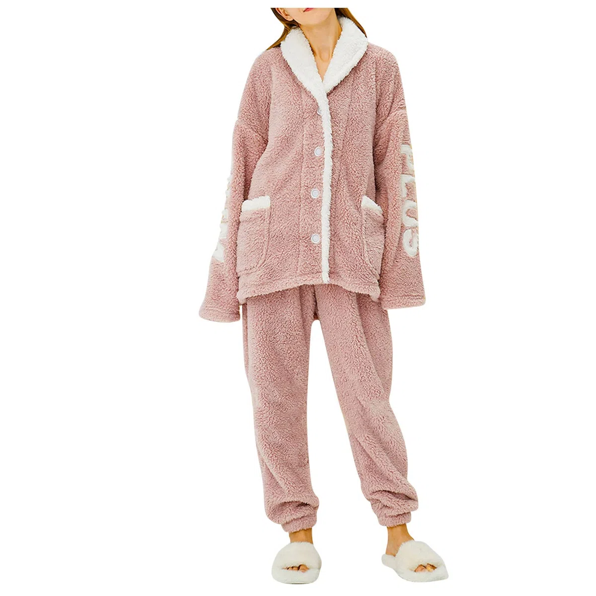 Conjunto de pijama mullido y ligero para mujer, conjunto de pijama de forro polar, algodón suave, cómodo, sólido, con botones, cálido, para invierno, otoño, acogedor, cómodo, conjunto de pijama