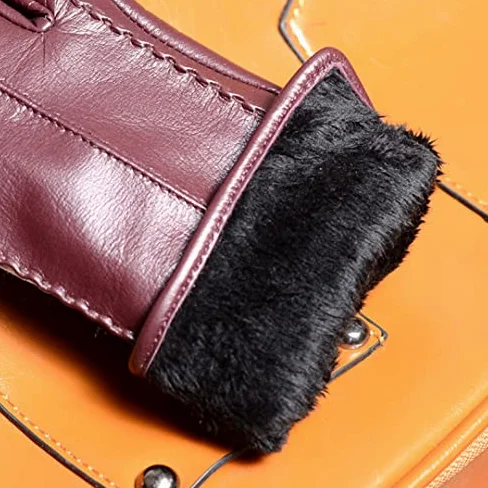 Guantes de piel para mujer, con forro grueso y cálido para pantalla táctil