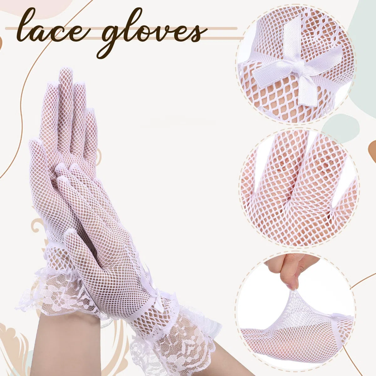 TEHAUX Guantes de Novia de Malla 12 Pares Blanco Poliéster para Boda | Transpirables y Cómodos, Pedrería y Lazos, para Banquete y Fiesta de Té, Uso Repetido
