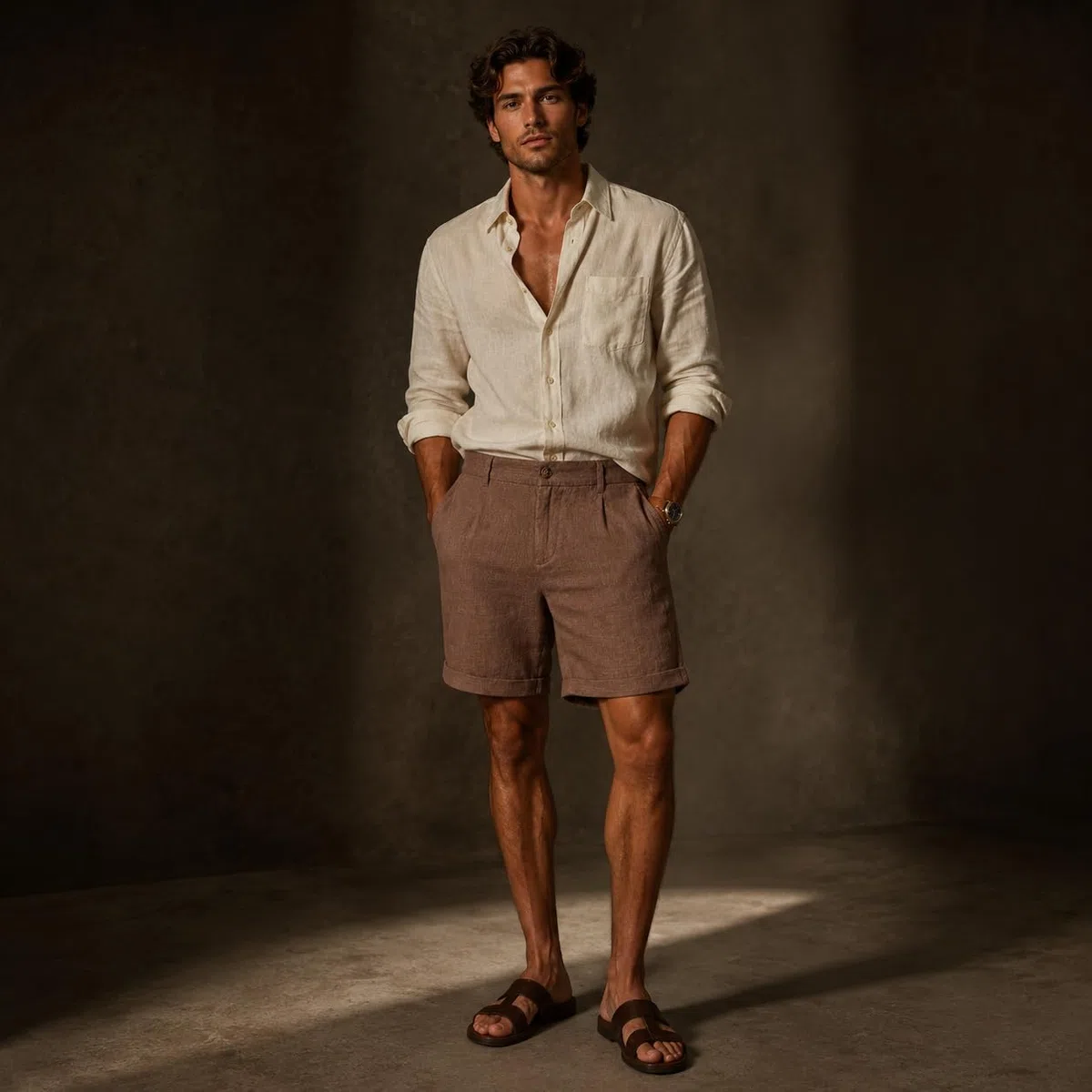 Bermuda Hombre de Lino, Pantalón Corto Casual de Verano, Shorts Elegantes con Bolsillos y Dobladillo, Estilo Mediterráneo para Playa, Vacaciones y Diario