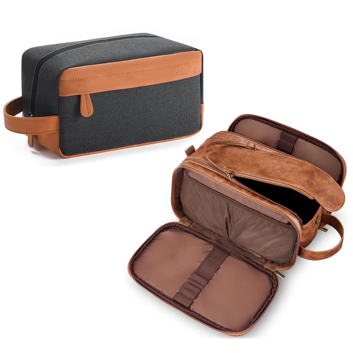 Elviros Neceser de Viaje para Hombres, Kit de Afeitado Grande, Resistente al Agua, Organizador de artículos de tocador de baño de Piel sintética, Regalo para el día del Padre
