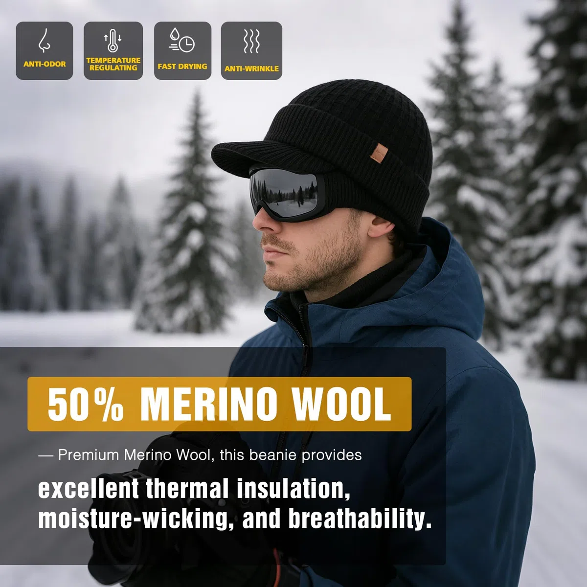 TOP-EX Gorro de lana merino, M, L, XL, XXL, 100 % lana merino, gorro de invierno, gorro de punto para hombre, gorro de pescador, gorro de arrastre, forro polar cálido