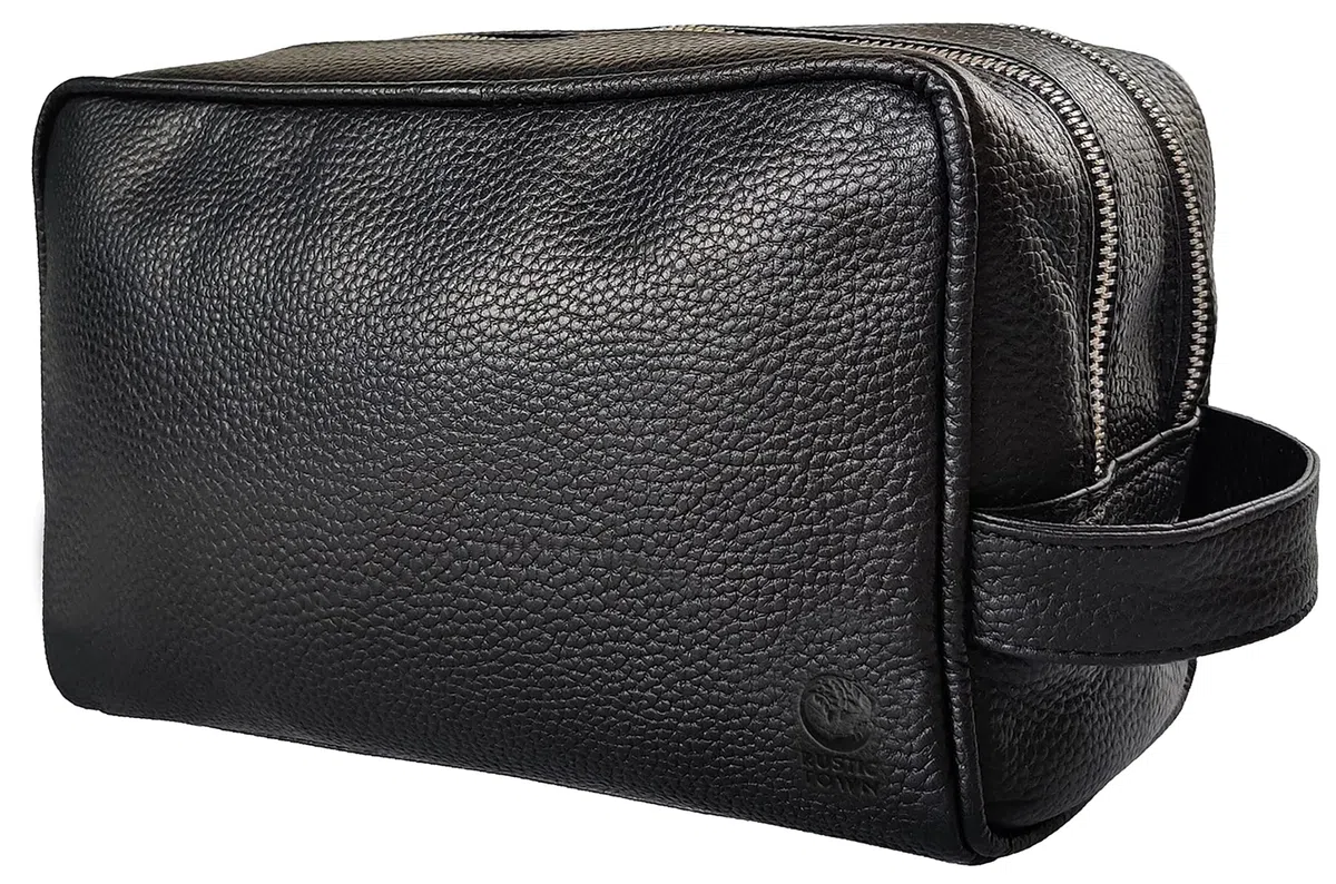 Neceser de Viaje Hecho a Mano de Cuero Genuino - Neceser Kit de Afeitado y Bolso de Maquillaje - Regalo de Viaje para Hombres y Mujeres por Rustic Town (Negro)