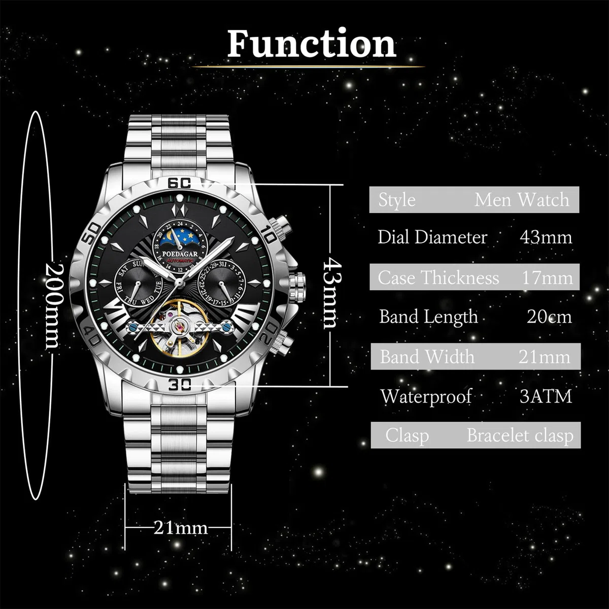 FORSINING Tourbillon Reloj de pulsera automático para hombre, correa de acero inoxidable, fase lunar, analógico, con fecha