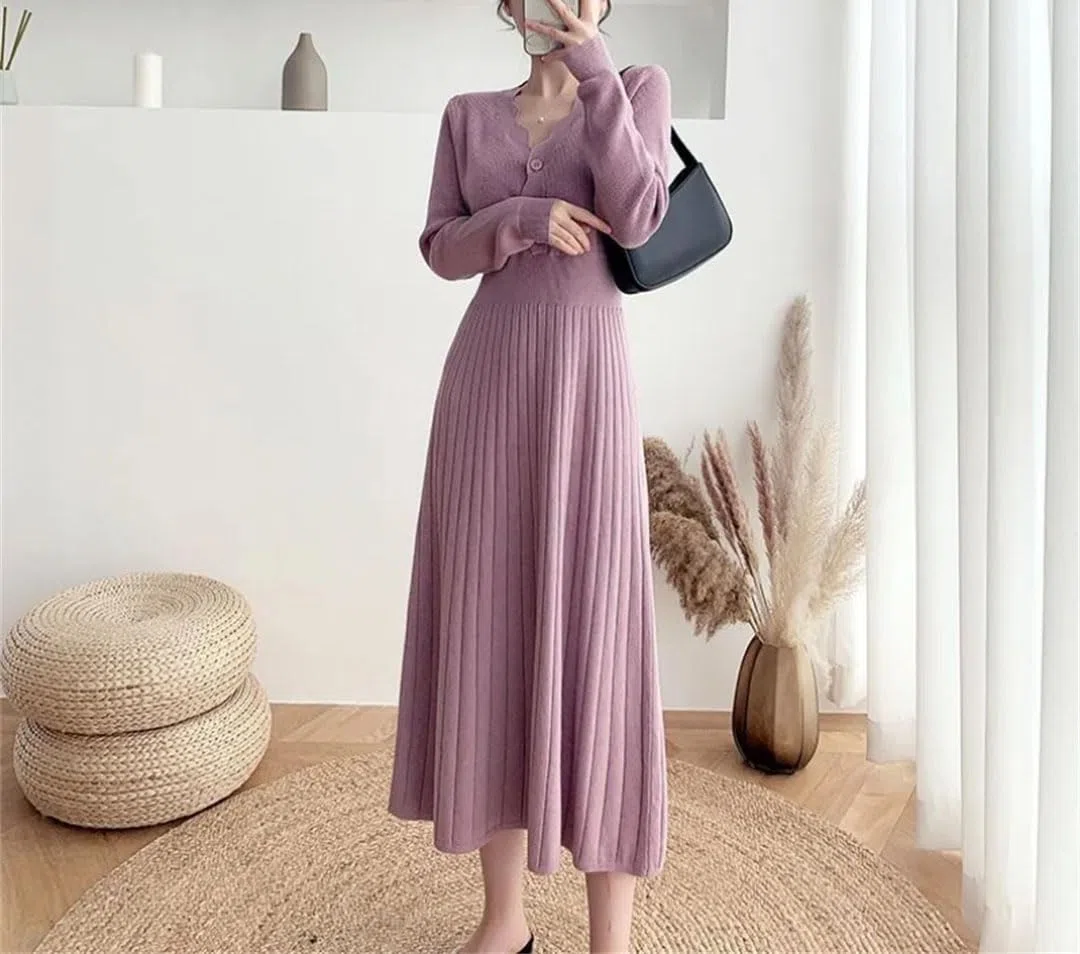 Vestido de punto para mujer para otoño e invierno, corte ajustado, manga larga, vestido de punto para fiesta, falda de lana.