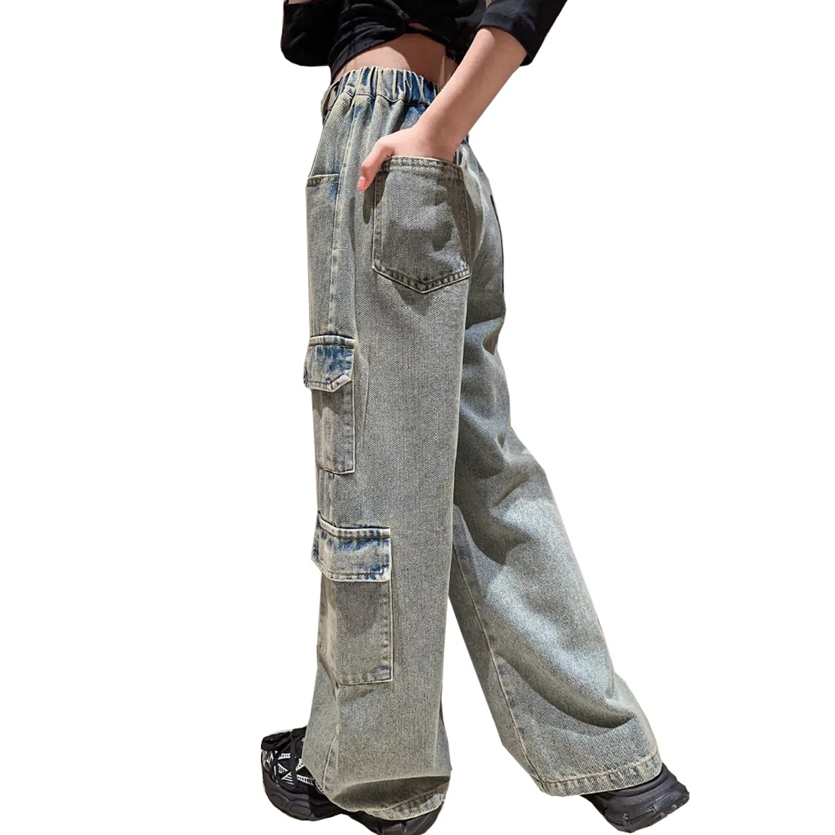 Pantalones de mezclilla para niñas de 4 a 14 años, estilo cargo, rasgados, desgastados, cintura elástica, pantalones holgados