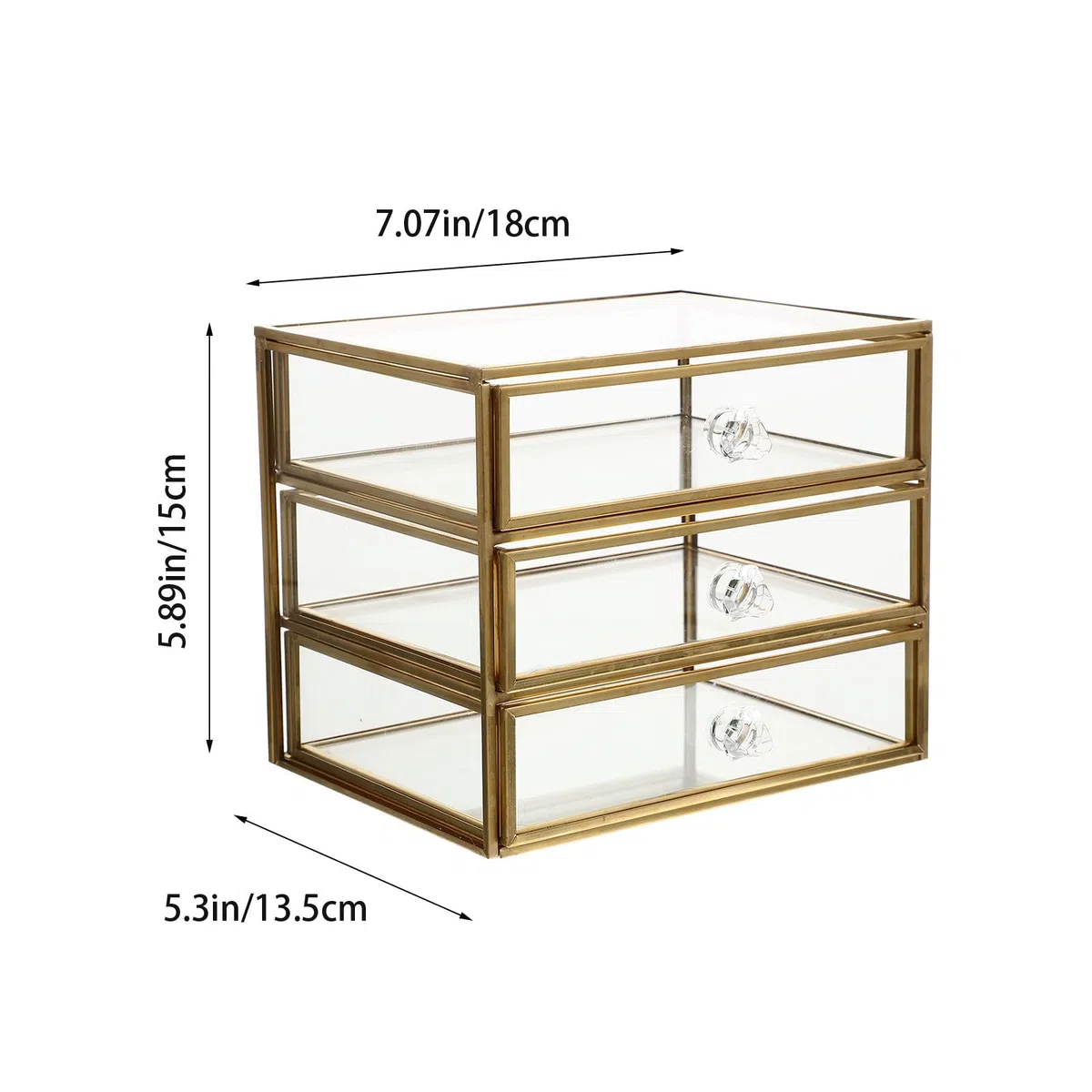 Estuche de Almacenamiento de Maquillaje Estructura de Aleación y Vidrio Diseño Transparente 3 Niveles Cajones Dorado para Joyas y Cosméticos