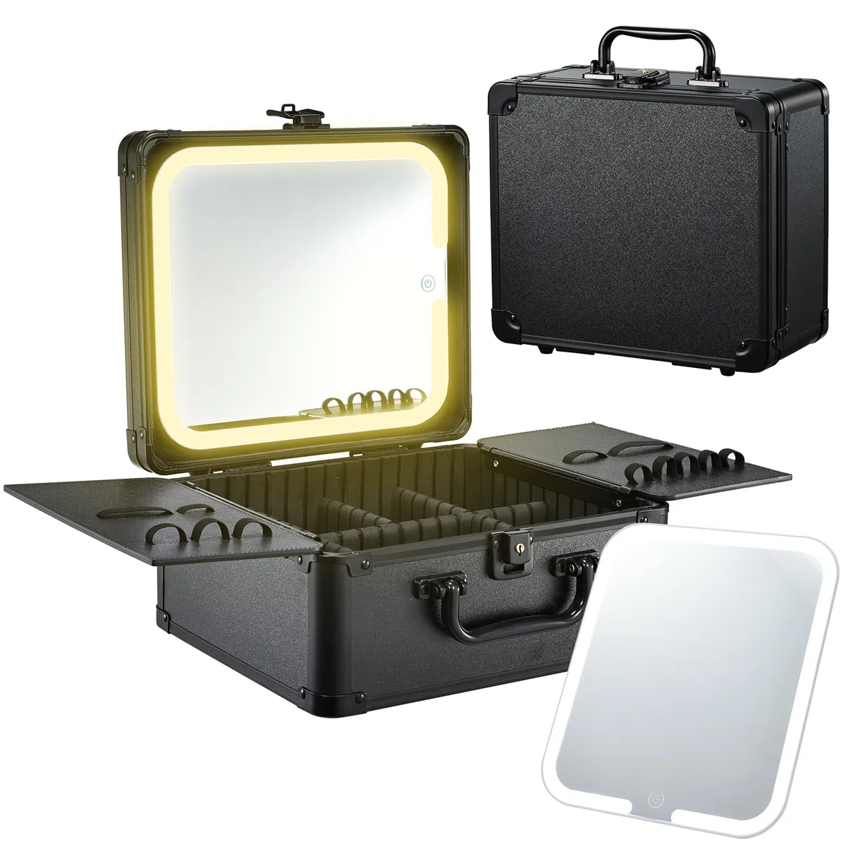 Maletin Maquillaje con LED Grande Maletín Organizador Maquillaje portátil de Cuero PU Estuche Maquillaje con Espejo extraíble Neceser Maquillaje con Soporte para brochas de Maquillaje, Negro