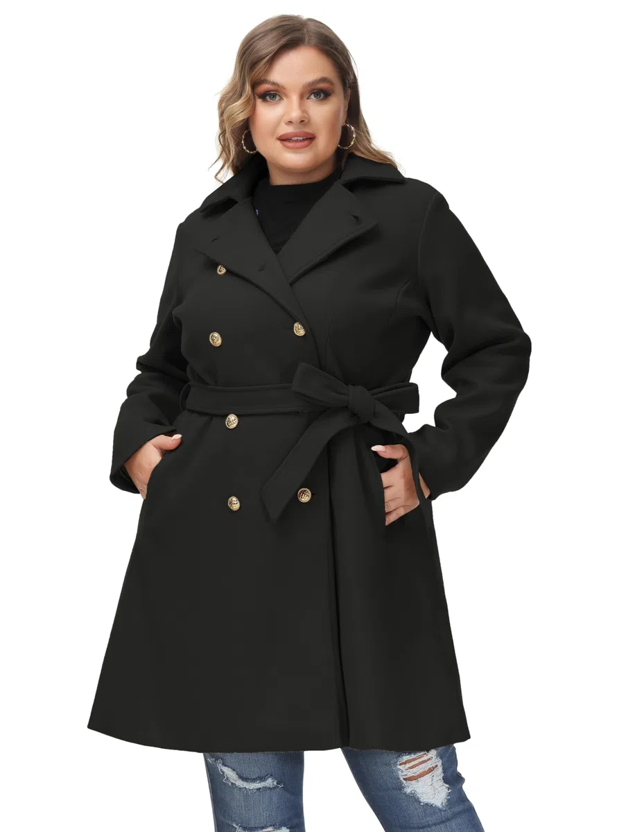 Hanna Nikole Abrigo de lana para mujer, talla grande, doble botonadura, abrigo de invierno con cinturón de bolsillo, cortavientos midi de manga larga
