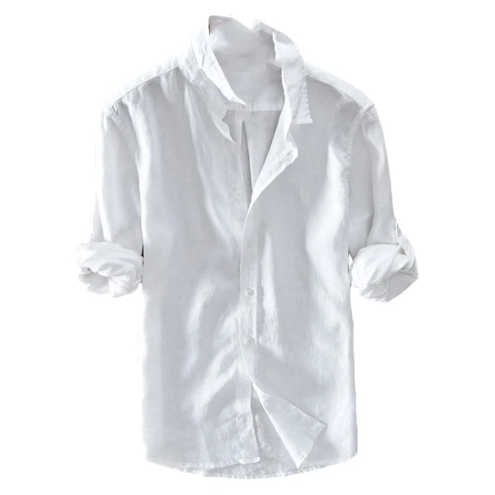 Vsadsau Camisa vintage de manga larga 100 % lino para hombre, estilo casual, L610 Blanco, XL