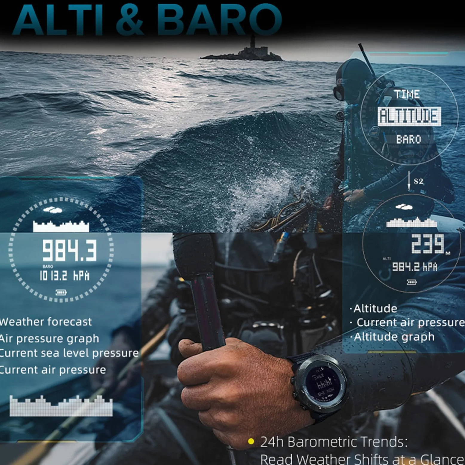 Fockety Reloj de Buceo, Reloj Deportivo para Exteriores a Prueba de Lluvia de 100 M con Retroiluminación LED, Brújula, Barómetro, Termómetro, Altímetro, Reloj Militar para Hombres,