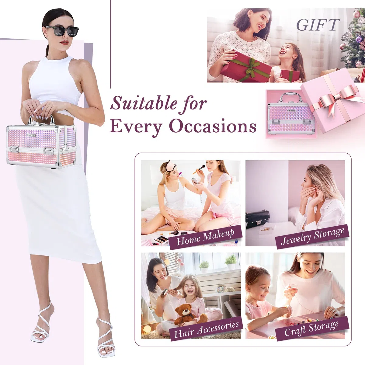 Maletín Maquillaje Maletín Cosméticos Estuche Maquillaje con Espejo y 2 Tarias Maleta de Makeup Case Organizador Estuche de Uñas Joyero y Manicura Beauty Case Viaje para Niña Profesional, Rosa Oro