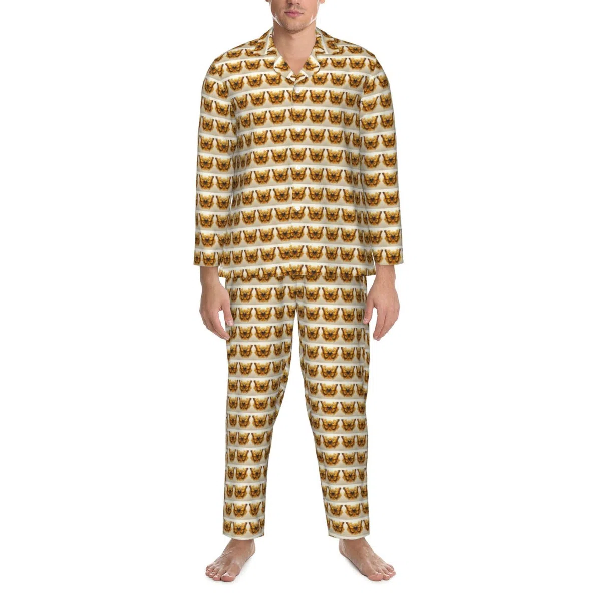 Conjunto de pijama de manga larga para hombre con estampado de girasoles y mariposas, de dos piezas, transpirable, ropa de dormir para el hogar