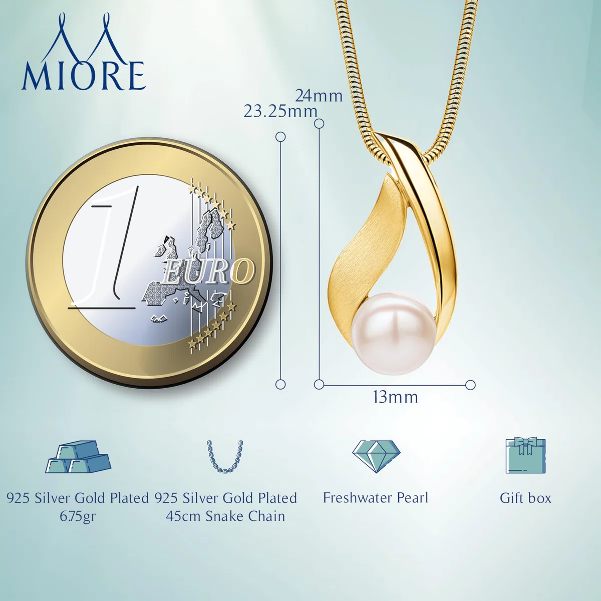 Miore Collares Mujer de Plata, Colgante de Perla Chapado en oro de 18 ct/Plata Sterling 925, Perlas de Agua Dulce 8 mm, Cadena Snake a 45 cm, Joyería para Mujer, Se entrega en Estuche para Joyas