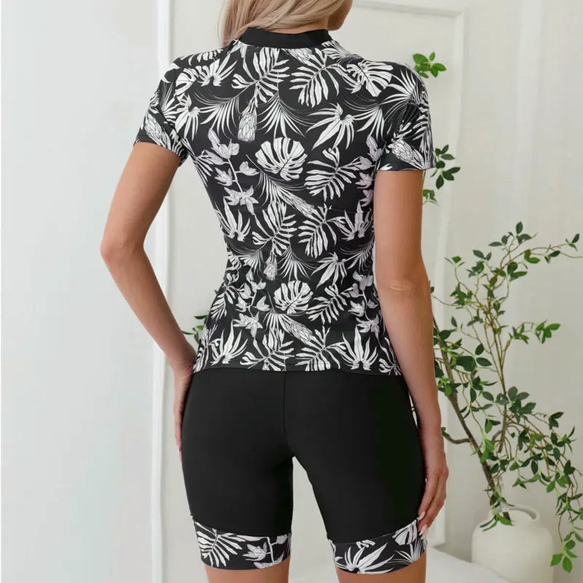 bañador Tankini De Manga Corta – Mujeres con Cremallera Delantera Upf50 + Conjunto Pantalones Cortos Natación Cintura Alta-b-m