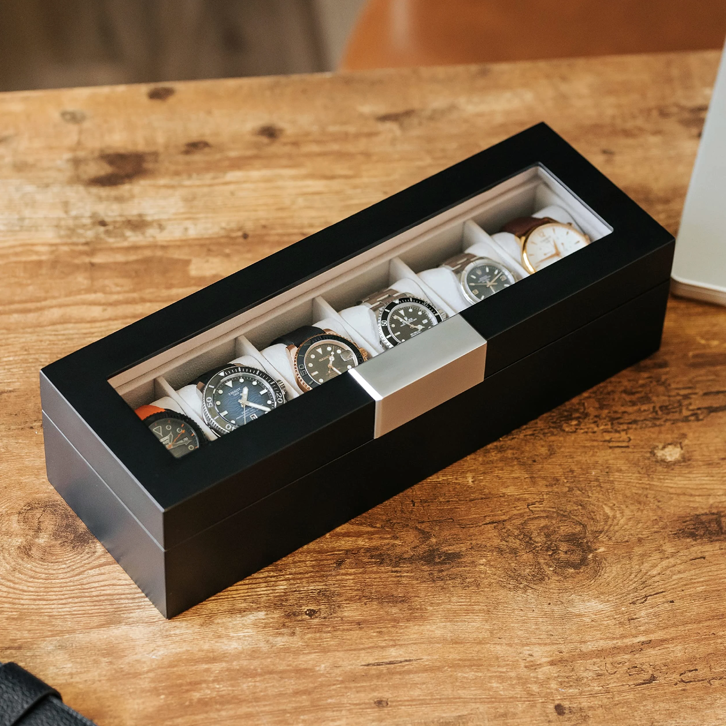 CASE ELEGANCE - Caja de reloj de madera con clip de metal y cristal auténtico, color negro