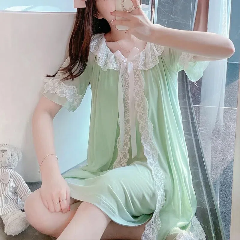 OFFSUM Camisón De Pijama De Mujer - Moda Encaje Bordado Cuello Redondo Ropa De Dormir Color Sólido Princesa Estilo Francés Tamaño Grande Lencería Casual Albornoz,Verde,XL