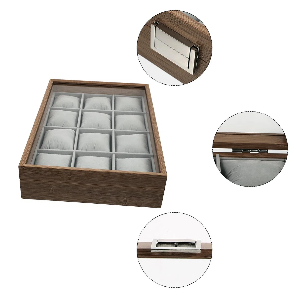 Genérico Caja de reloj organizadora de madera con 12 compartimentos para reloj y pendientes, perfecta para decoración y almacenamiento en casa y tienda