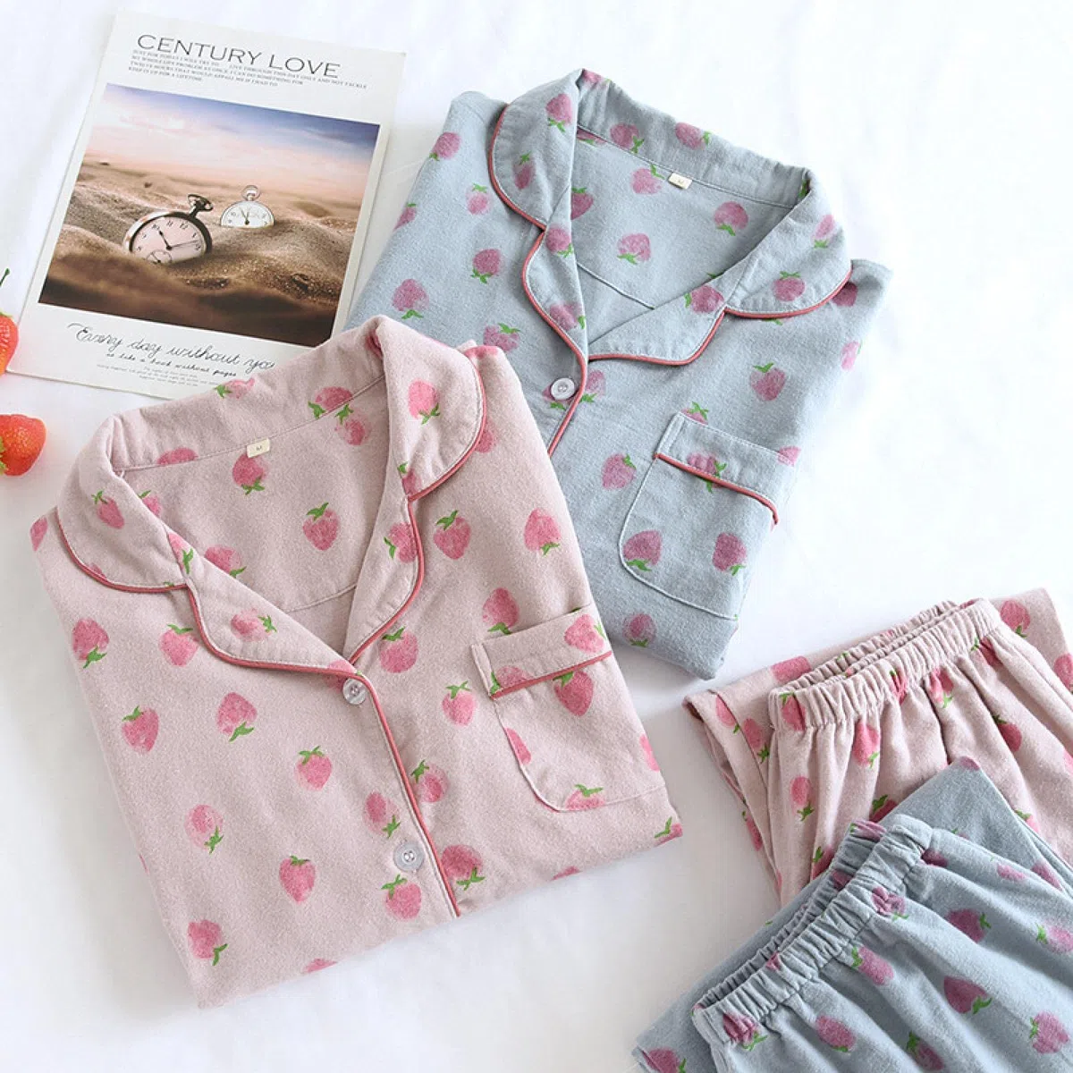 Un Pijama Cómodo Pijamas De Mujer Pijamas De Mujer Pijamas De Otoño Conjunto De Pijamas De Mujer Pantalones De Manga Larga De Algodón Puro Ropa De Dormir para Mujer,Strawberry-Pink-XL