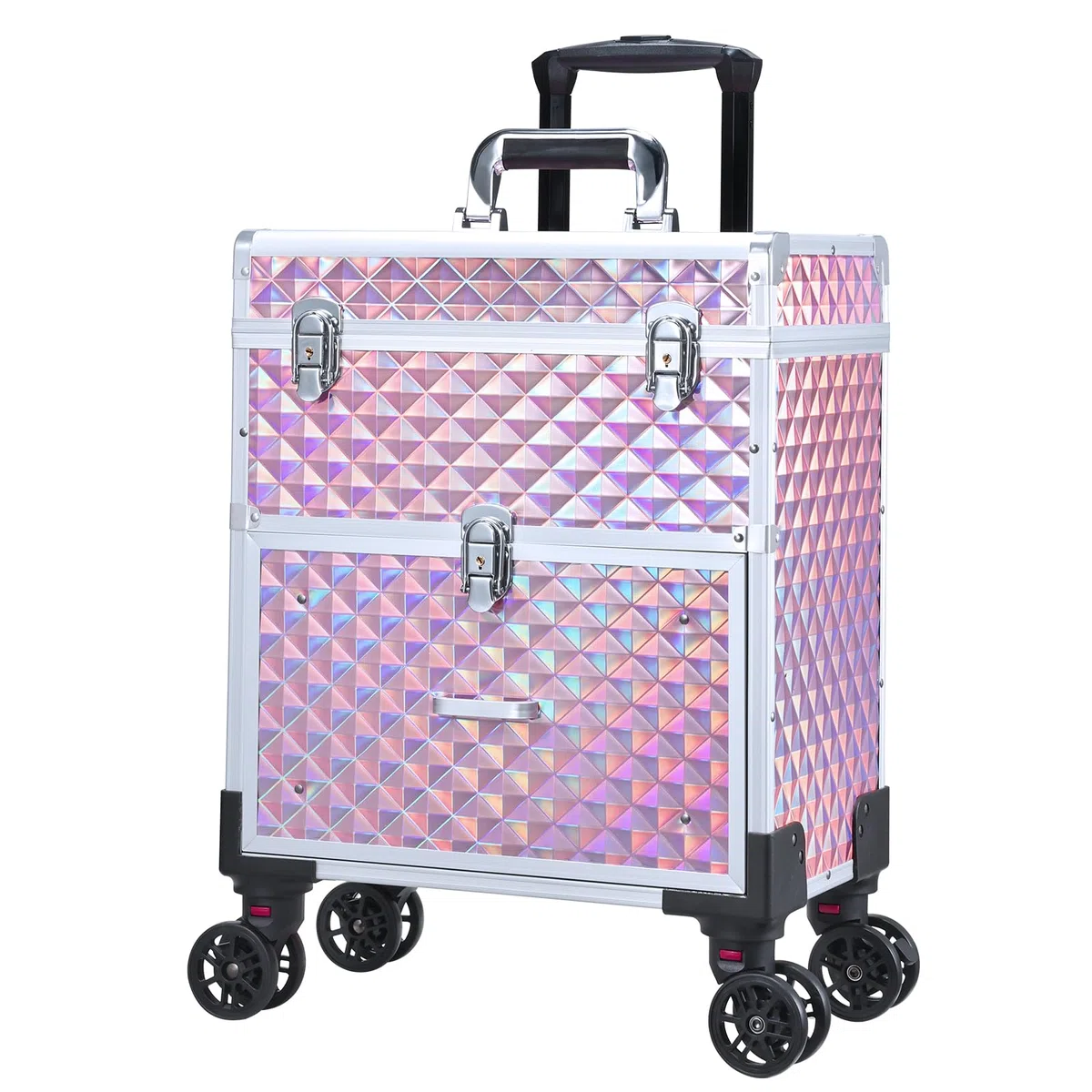 Maleta Maquillaje con Ruedas Maletín Maquillaje Profesional con Cajones, Maletín de peluquería Caja Maquillaje para para Maquilladores, Peluqueros y Técnicos de Uñas, con Bolso Desmontable, Rosa