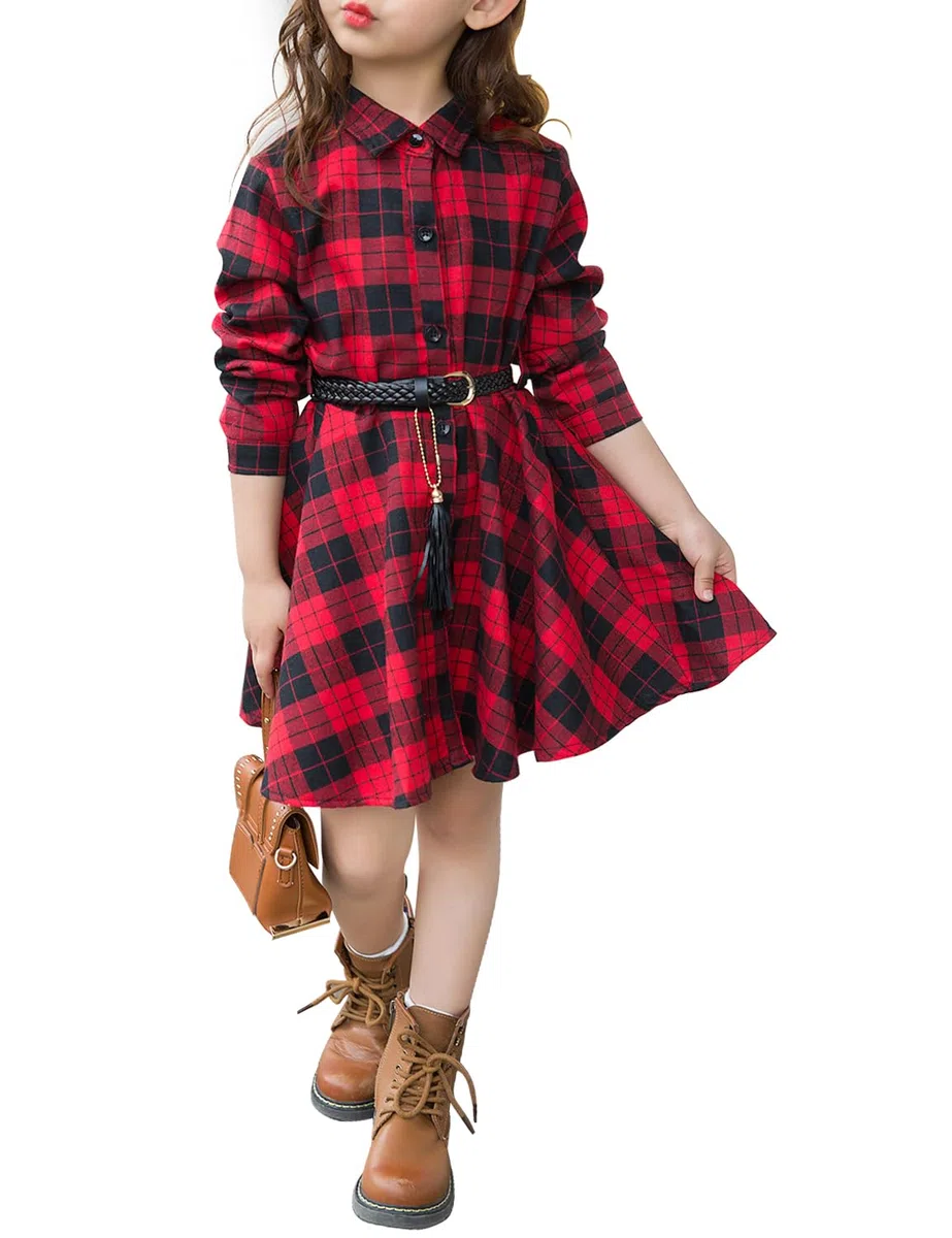 AGQT Blusas Vestido Bebita Traje de Navidad, Vestido de Camisa de Rayas Ropa Casual Manga Larga con cinturón, Talla de Camisa a Cuadros Buffalo Tamaño 3-11T