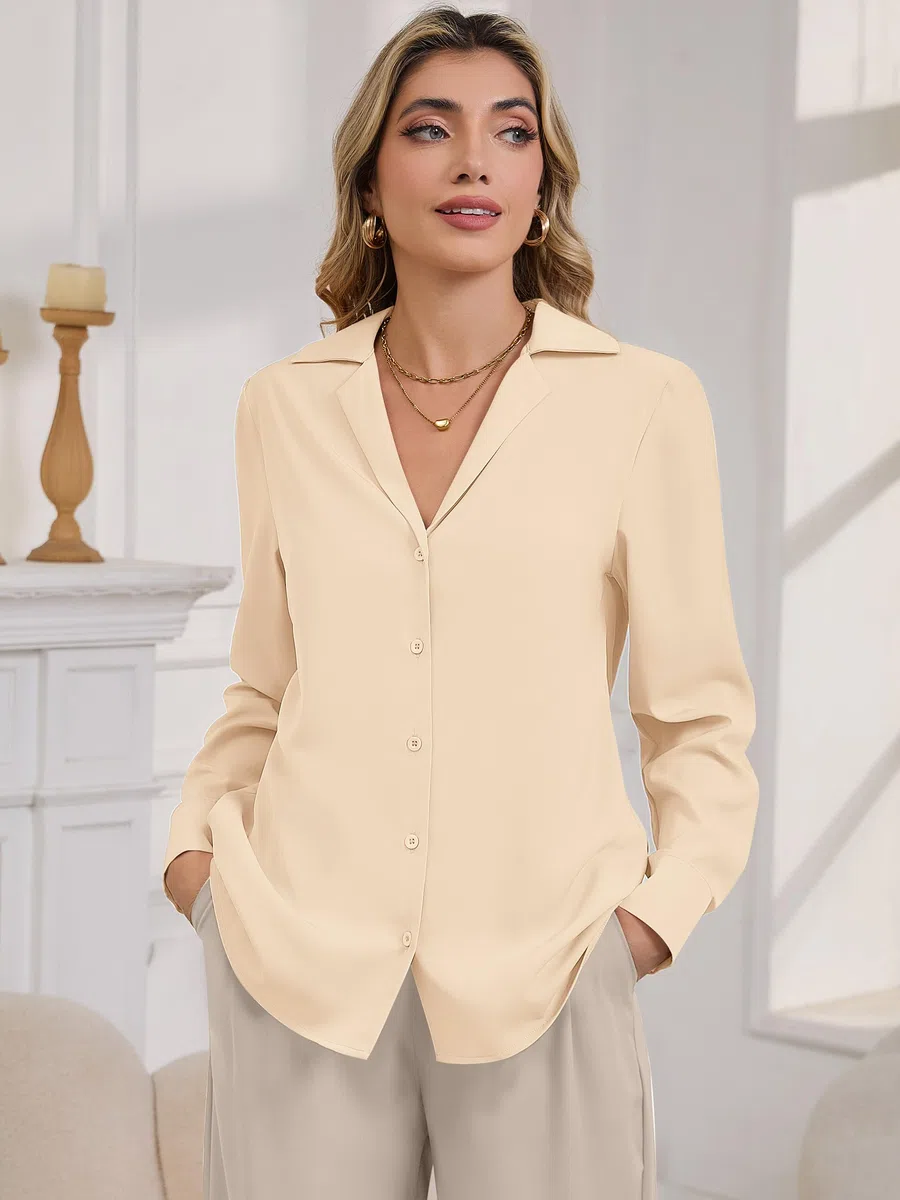 Blusa informal de negocios para mujer, elegante, de seda satinada, manga larga, con botones, cuello de solapa, cuello en V, blusas de trabajo de gasa