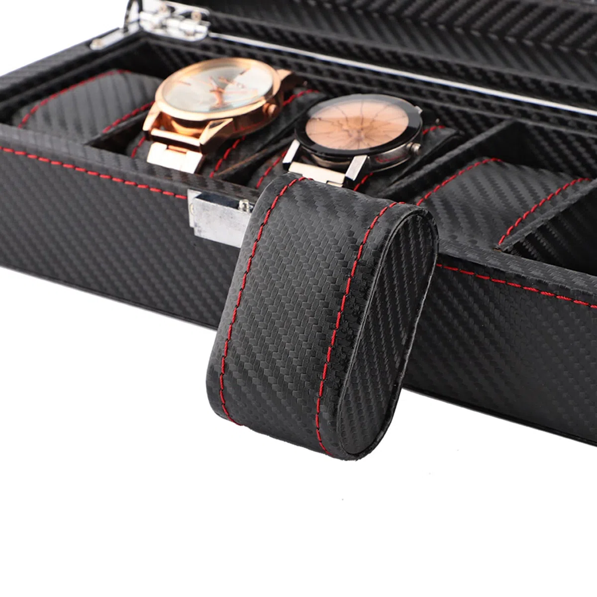 Caja para relojes de 5 compartimentos, estuche para relojes de fibra de carbono con costuras rojas, organizador de joyería de viaje para hombres y mujeres, almacena 5 relojes de