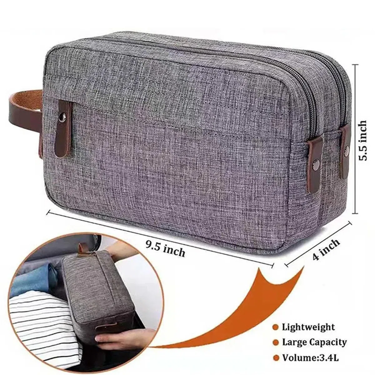 Bolsas De Aseo Neceser de Lona Informal con asa de Cuero for Hombre y Mujer, Bolsa organizadora Impermeable for Viaje, Lavado, Afeitado, Almacenamiento de artículos de tocador(Gray)