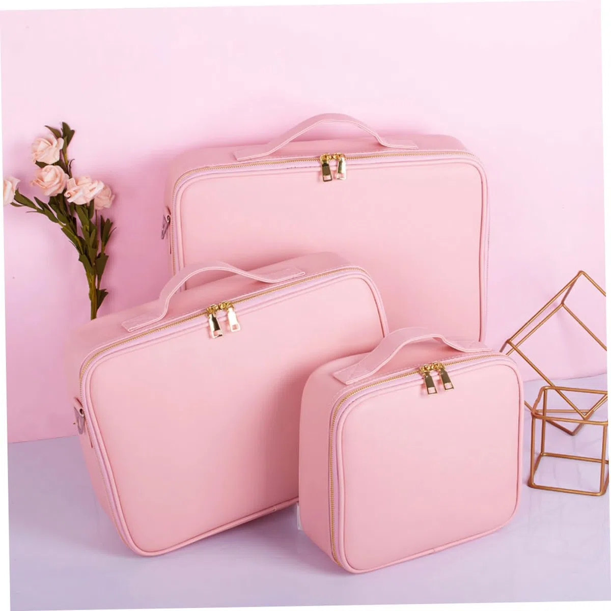 Neceser Maquillaje Mediano con Compartimentos Ajustables Bolsa Cosméticos Viaje Portátil para Mujer Rosa PU