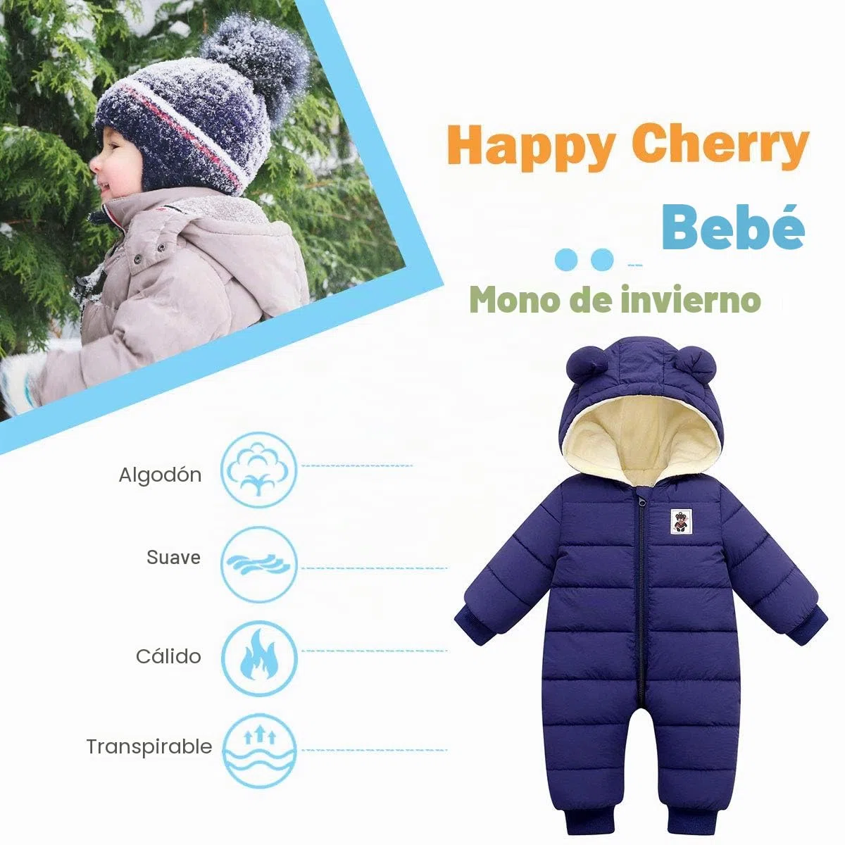 Happy Cherry - Bebé Mono Acolchado Mameluco con Capucha Niño Niña Ropa de Una Pieza Mangas Largas Chaqueta Invierno Cálido Pelele Entero para Outdoor Aire Libre - 6-36 Meses