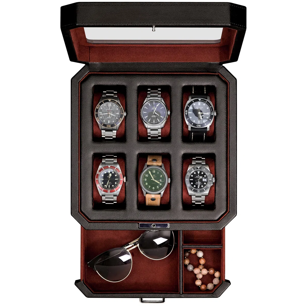 ROTHWELL Caja de reloj de cuero de 6 ranuras con cajón de servicio, organizador de exhibición de caja de reloj de lujo, soporte para cajas de almacenamiento para hombres(negro/rojo)