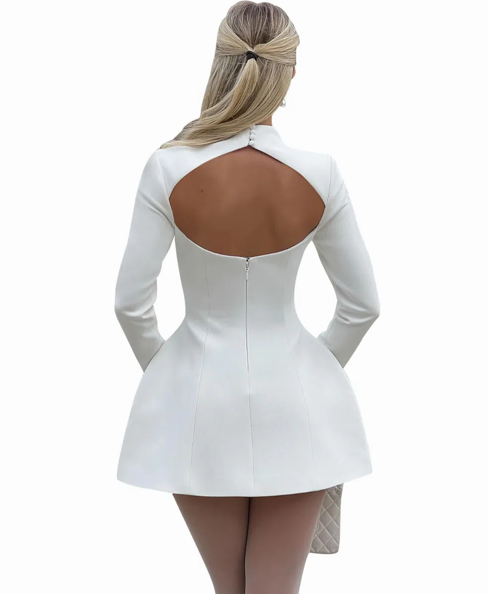 LuFeng Vestido corto de manga larga para mujer, con cuello alto falso, sexy, acampanado, sin espalda, para fiesta