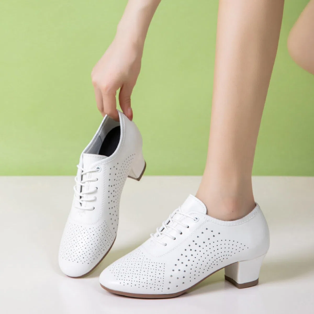 Zapatos Baile Latino Mujer Zapatos Modernos de Salón con Cordones Tacón Bajo de Cuero Transpirables para Bodas Y Fiestas