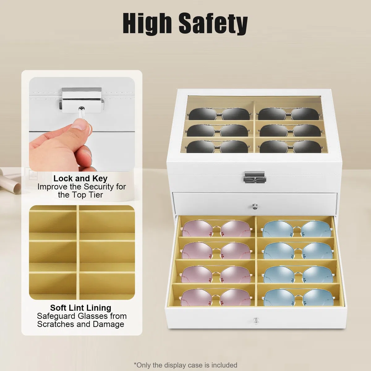 Caja para gafas, joyero, caja de gafas de 3 niveles con 24 cajones y tapa de cristal, organizador de joyas, joyero para pendientes, anillos, relojes