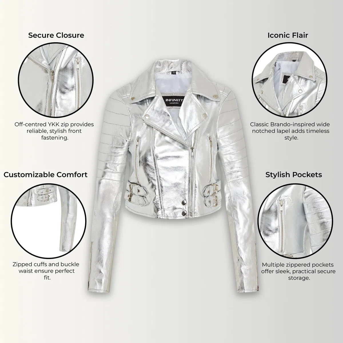 Infinity Leather Chaqueta de Cuero Auténtico Estilo Motero Chic Estilo Gótico con Cuerpo Corto Para Mujer