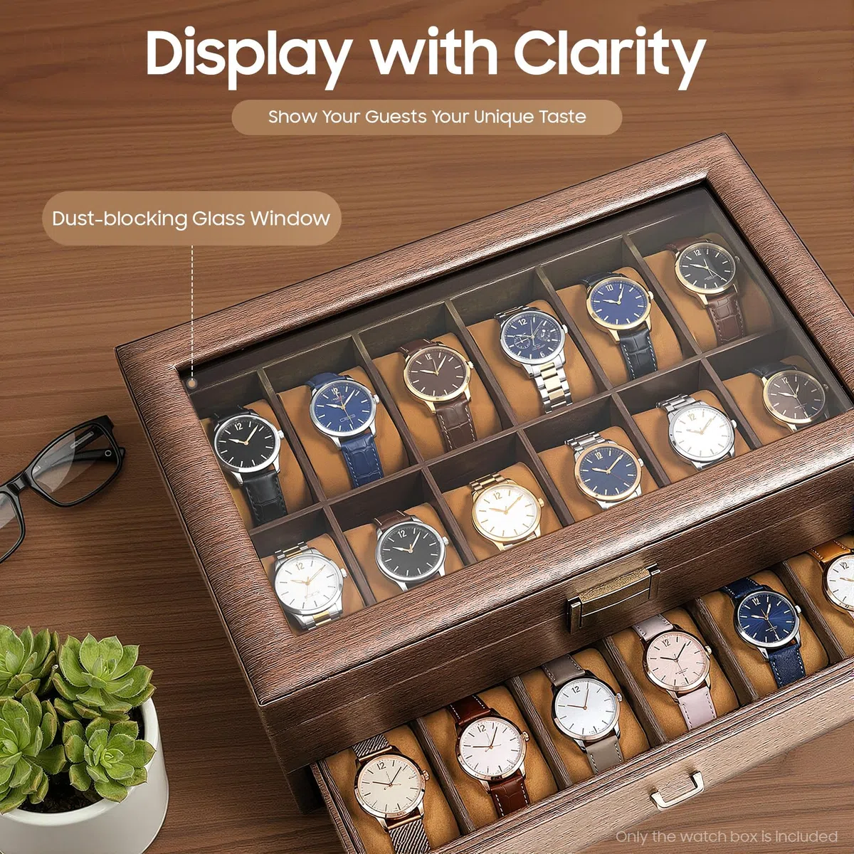 Caja de almacenamiento de relojes para hombre, dos compartimentos, 24 compartimentos, rectangular, 34 x 21 x 15 cm, 3,1 kg, para relojes, joyas y otros objetos de valor.