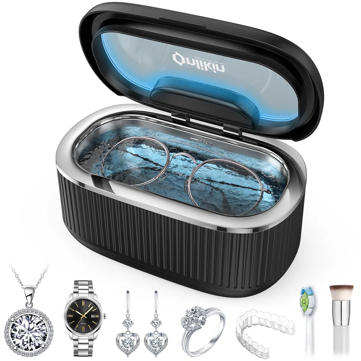 Limpiador ultrasónico para joyas, 35 W, 45 kHz, 5 temporizadores, 3 modos de potencia, gafas, anillos, correa de reloj, dentaduras postizas - 20 piezas