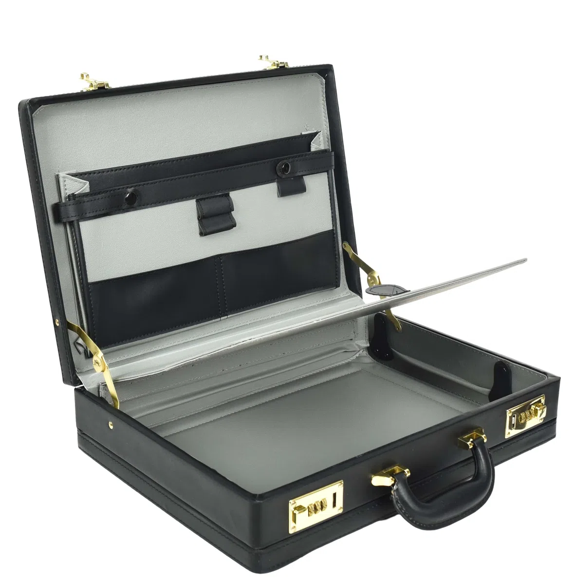 HOL1196 - Maletín de piel con cerradura de combinación doble, organizador expandible, color negro, Black, Large