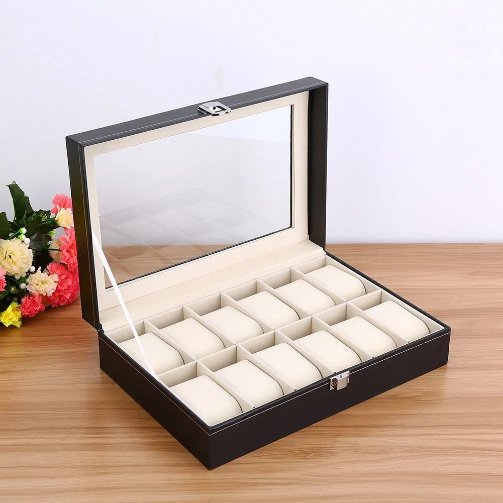 Caja de reloj de 12 ranuras con tapa de vidrio grande y almohadas de reloj extraíbles, organizador de relojes para hombres y mujeres