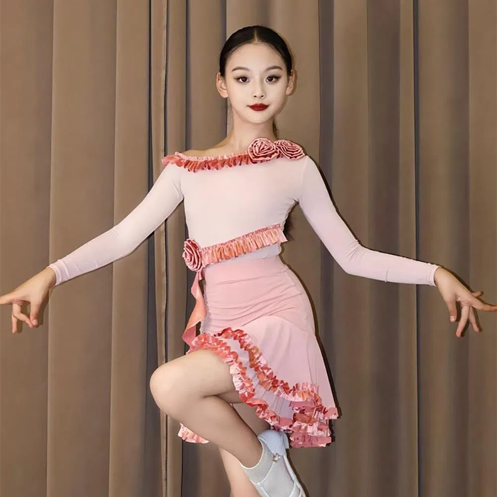 EFLALYHG Ropa de Baile para niñas y niños, Vestido de Baile Latino de Manga Larga para salón de Baile práctica actuaciones competición Disfraz