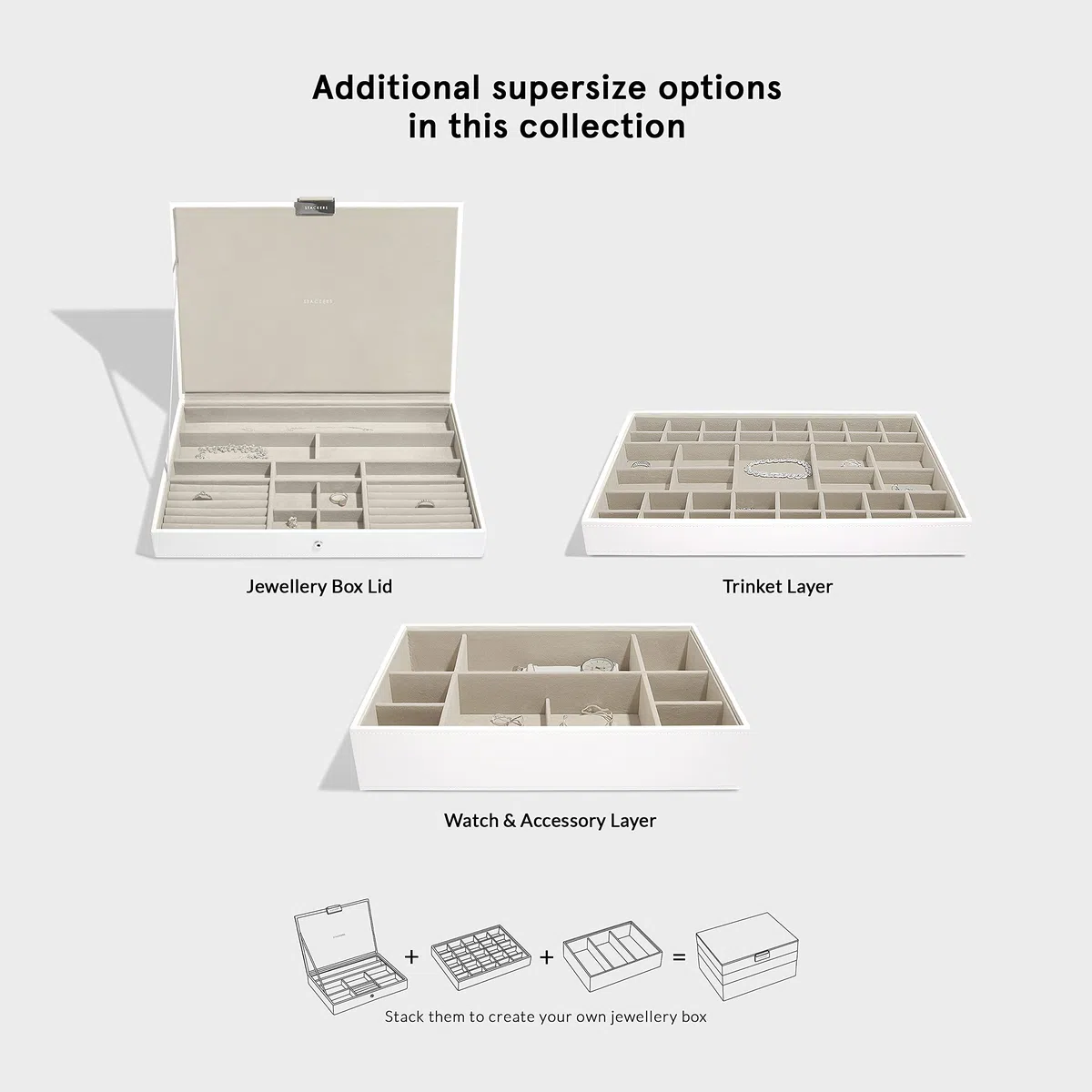 STACKERS super-size | caja de la joyería organizador con tapa, blanco con forro de terciopelo gris