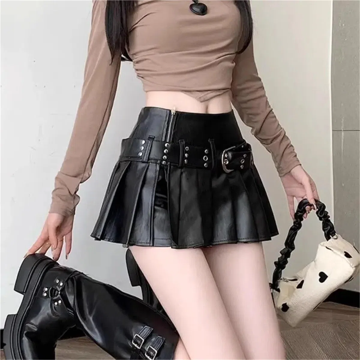 Falda de Cuero, Falda Cuero Mujer Falda Negra Retro de Cuero sintético for Mujer, otoño, Cintura Alta, Palabra A, Plisada(Samll)