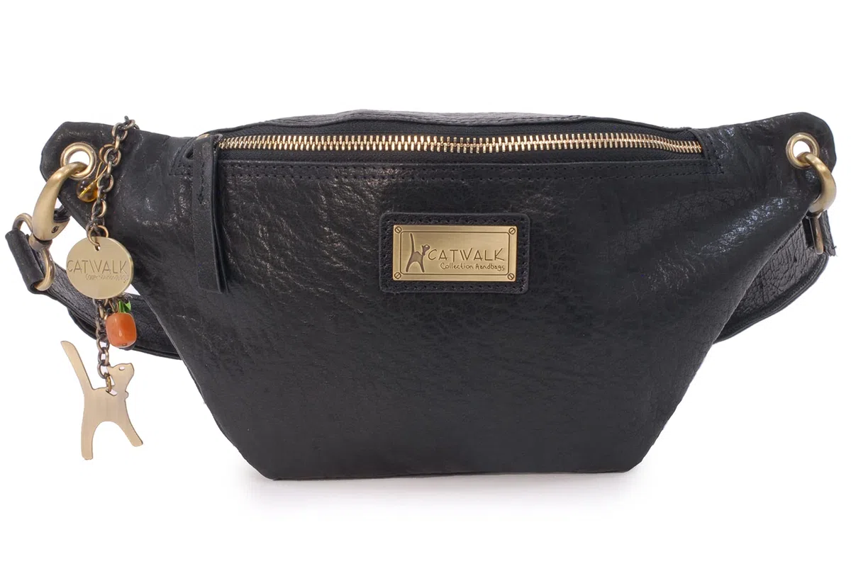 Catwalk Collection Handbags - Riñonera Mediana de Piel para Mujer - Bolso de Cintura para Festival o Viaje - con Cinturón Ajustable - Ariana - Negro