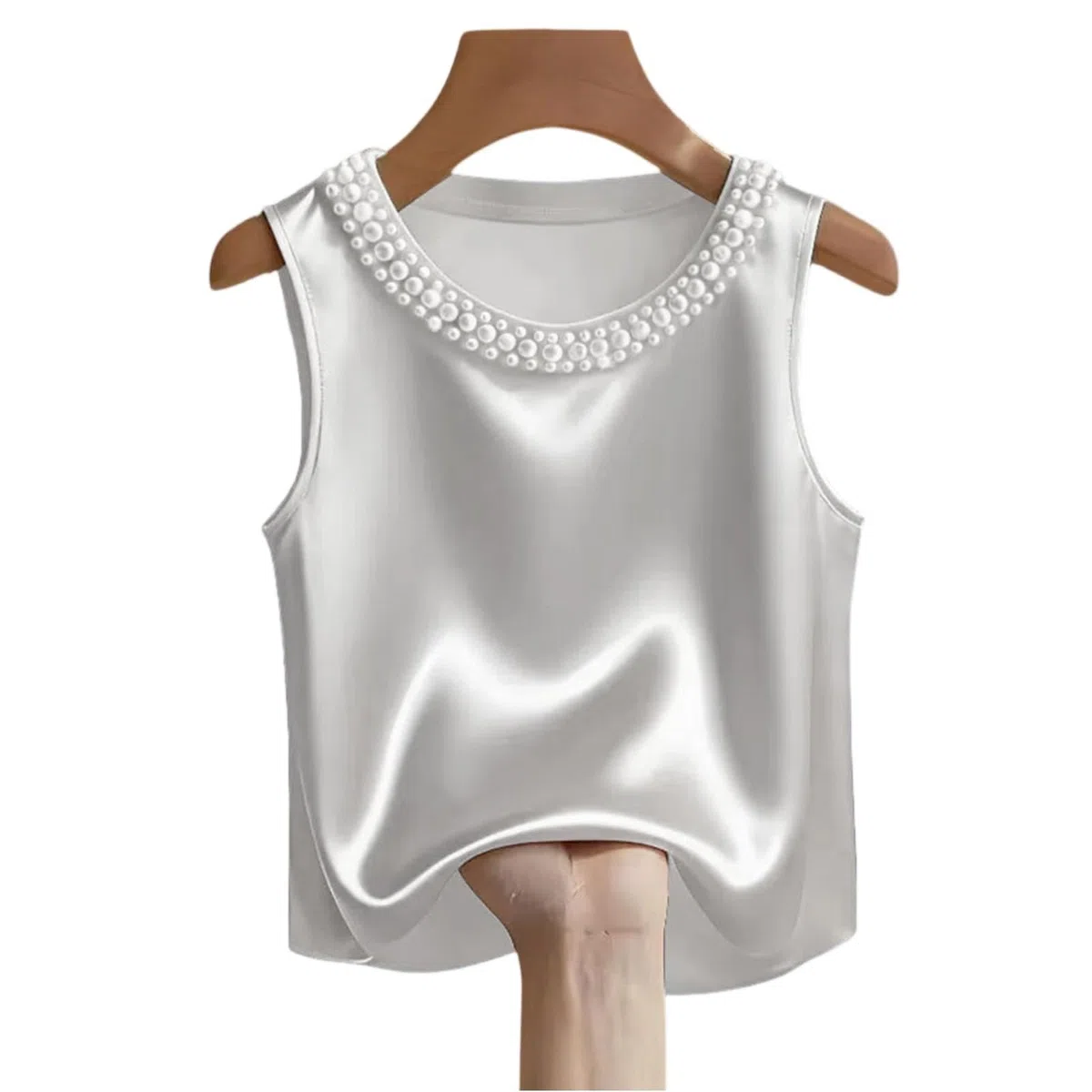 Camiseta de manga corta para mujer, de satén, sin mangas, cuello redondo, informal, para salir, con estampado