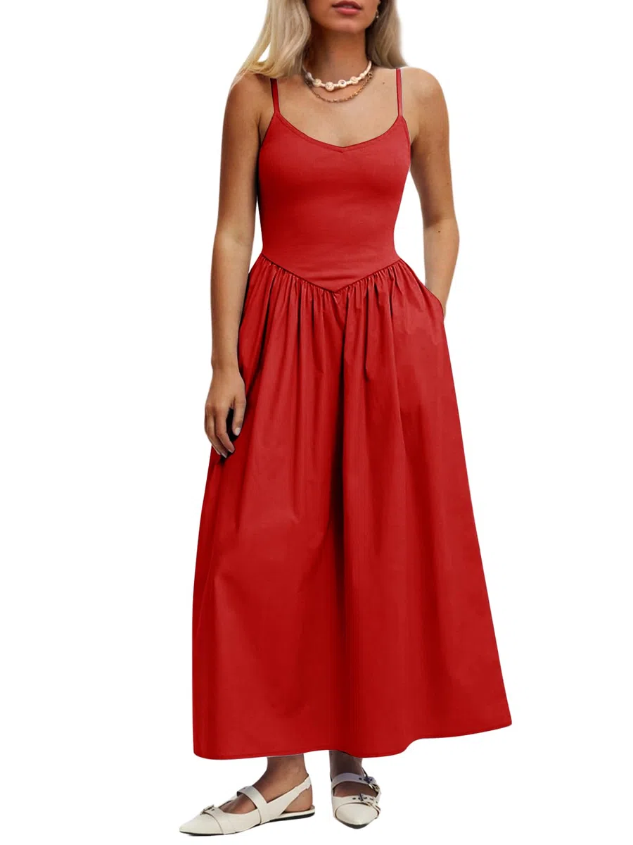 Mieazom Vestido largo sin mangas con cuello en V y bolsillos para mujer, corte entallado, casual, de verano, con tirantes delgados, para vacaciones