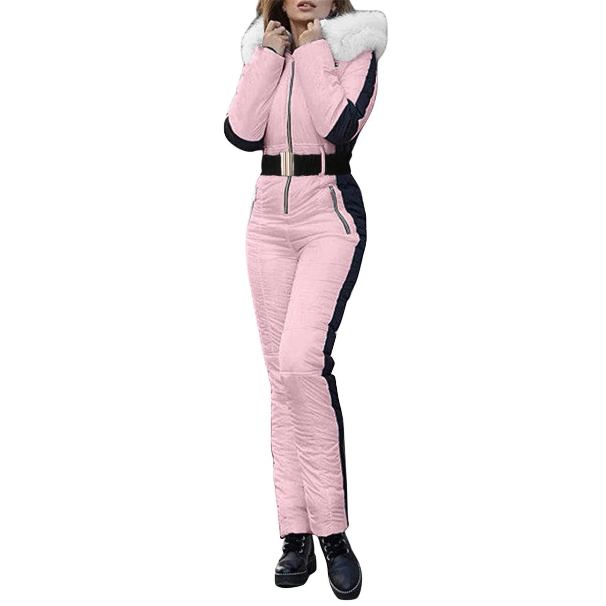 Mono de esquí para mujer, mono de esquí de una pieza, para invierno, cálido, resistente al viento, a prueba de viento, mono de esquí, con capucha, con cremallera, traje de nieve para deportes